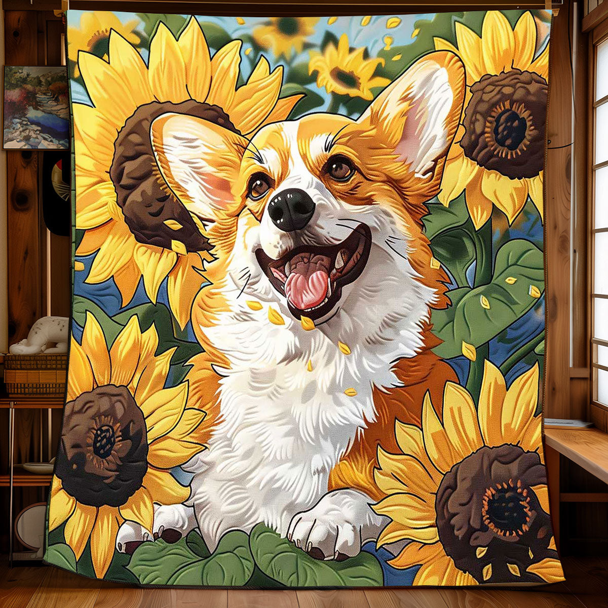 Corgi Sunflower Field WP2008012CL Quilt