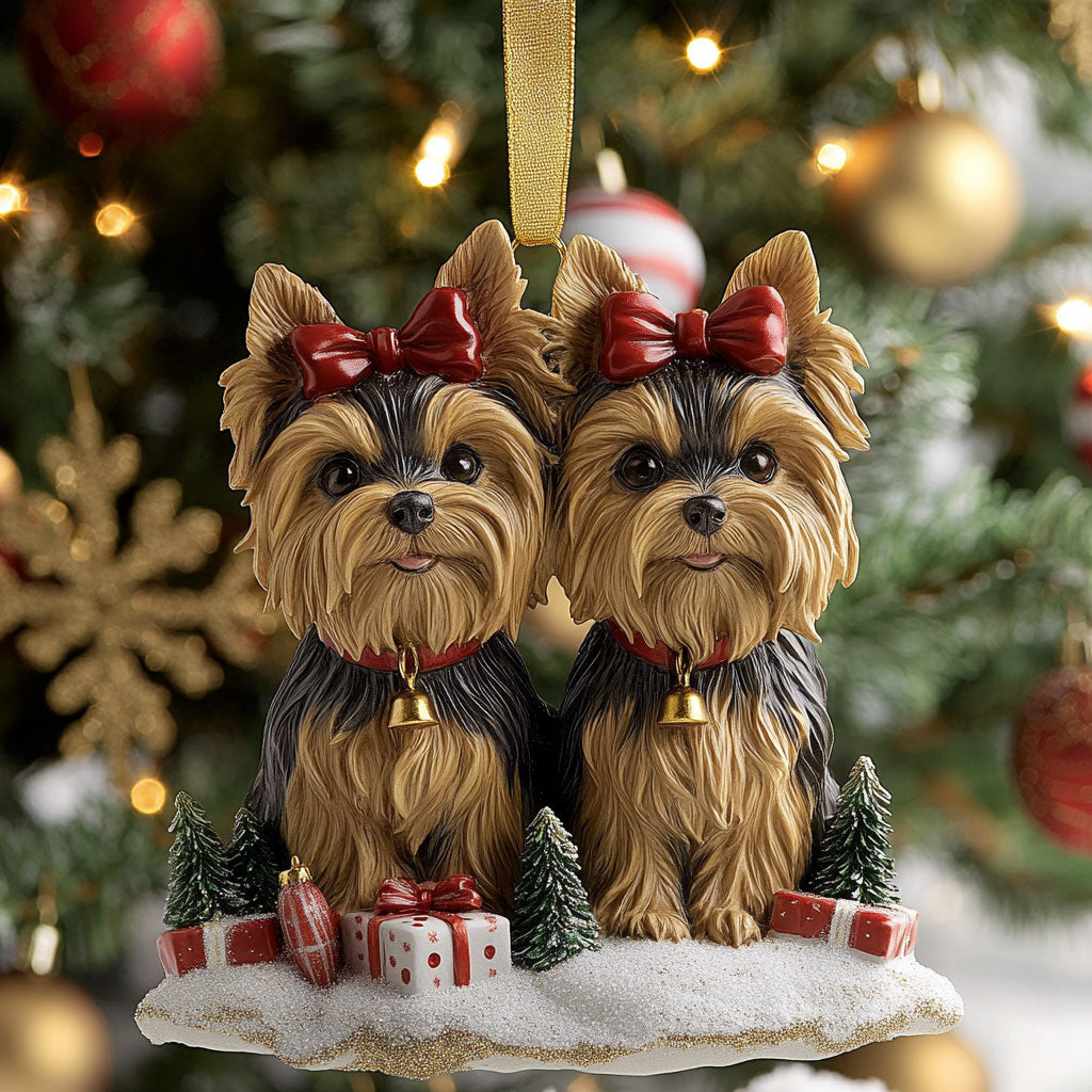 Yorkie Twins CP1710049CL Christmas Ornament