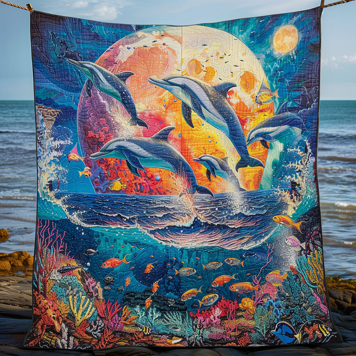 Dolphin Under Red Moon WM1508012CL Quilt