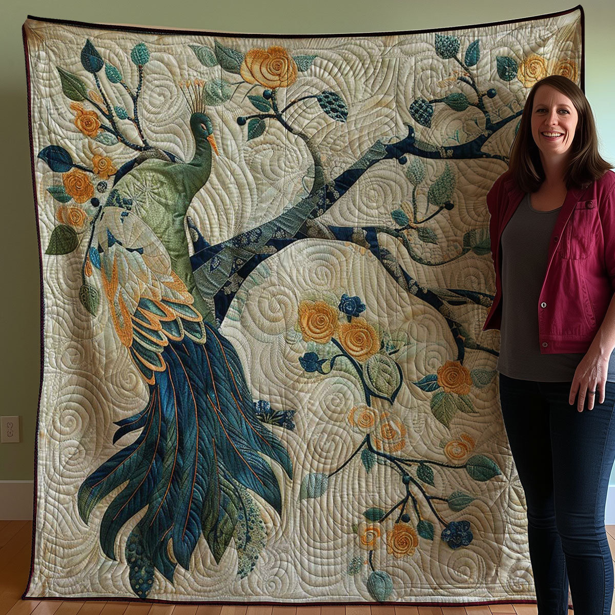 Peacook And Orange Flowers WM2907001CL Quilt
