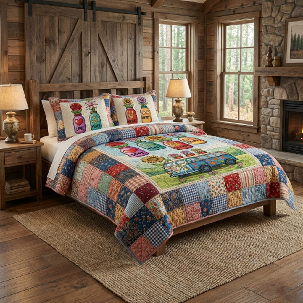 Hippie Love Peace Vintage Van Patchwork WN0304004CL Duvet Cover Set