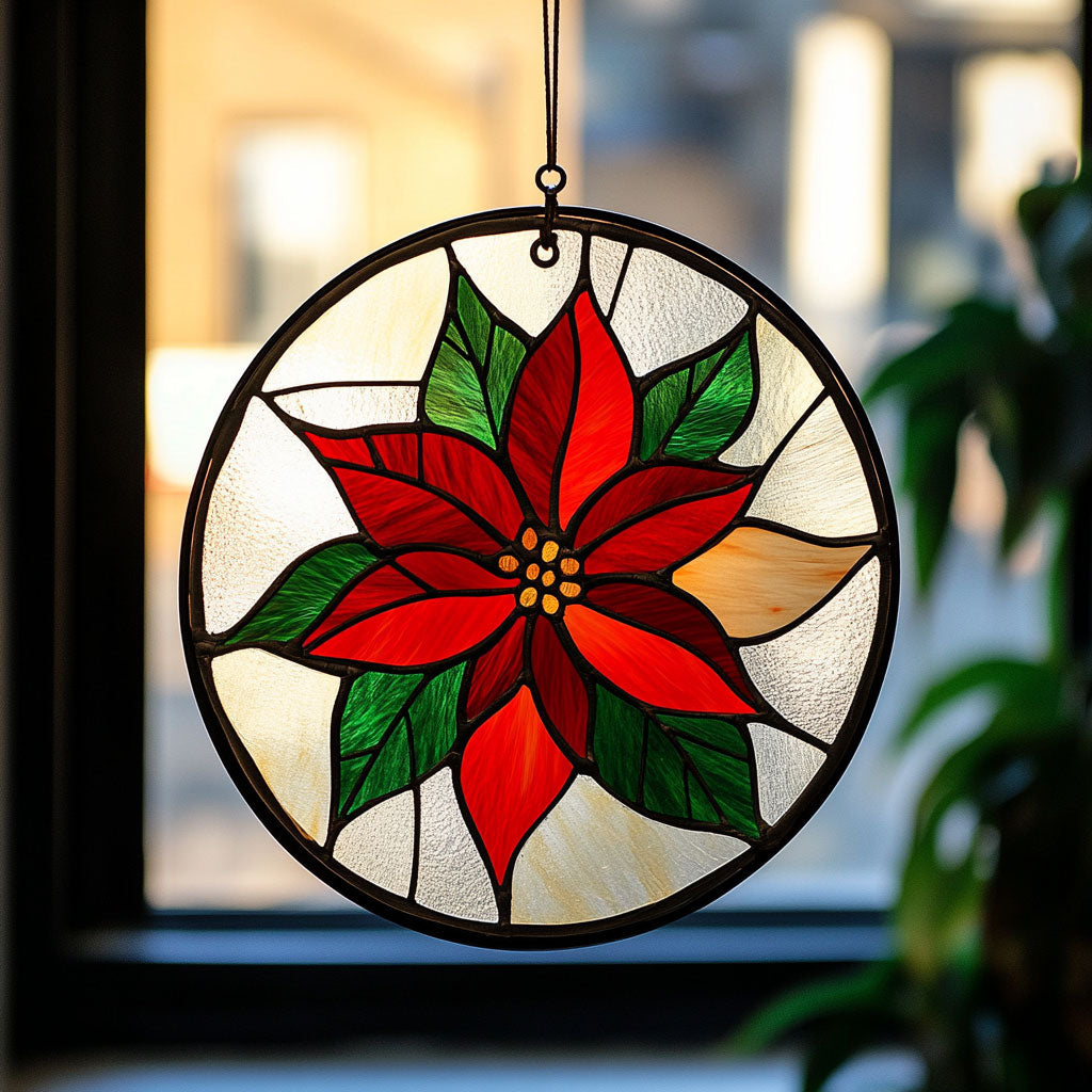 Poinsettia WJ0611047CL Stained Glass Suncatcher