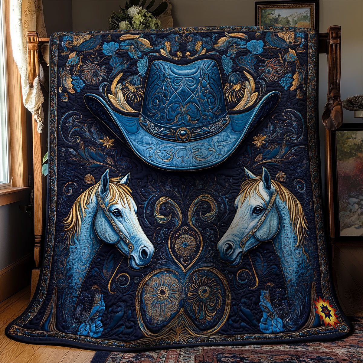 Blue Cowboy Hat Horse WY1911084CL Quilt