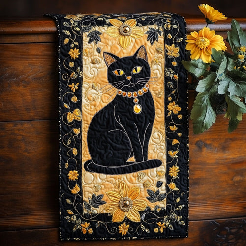 Black Cat And Flower WY2802025CL Quilted Table Runner