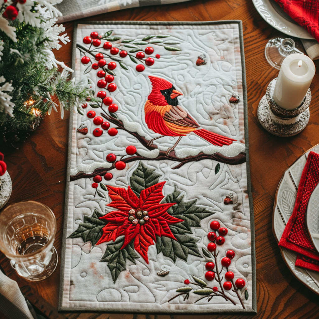 Poinsettia And Cardinal XR1909007CL Quilted Table Runner