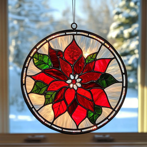 Poinsettia WJ1411045CL Stained Glass Suncatcher