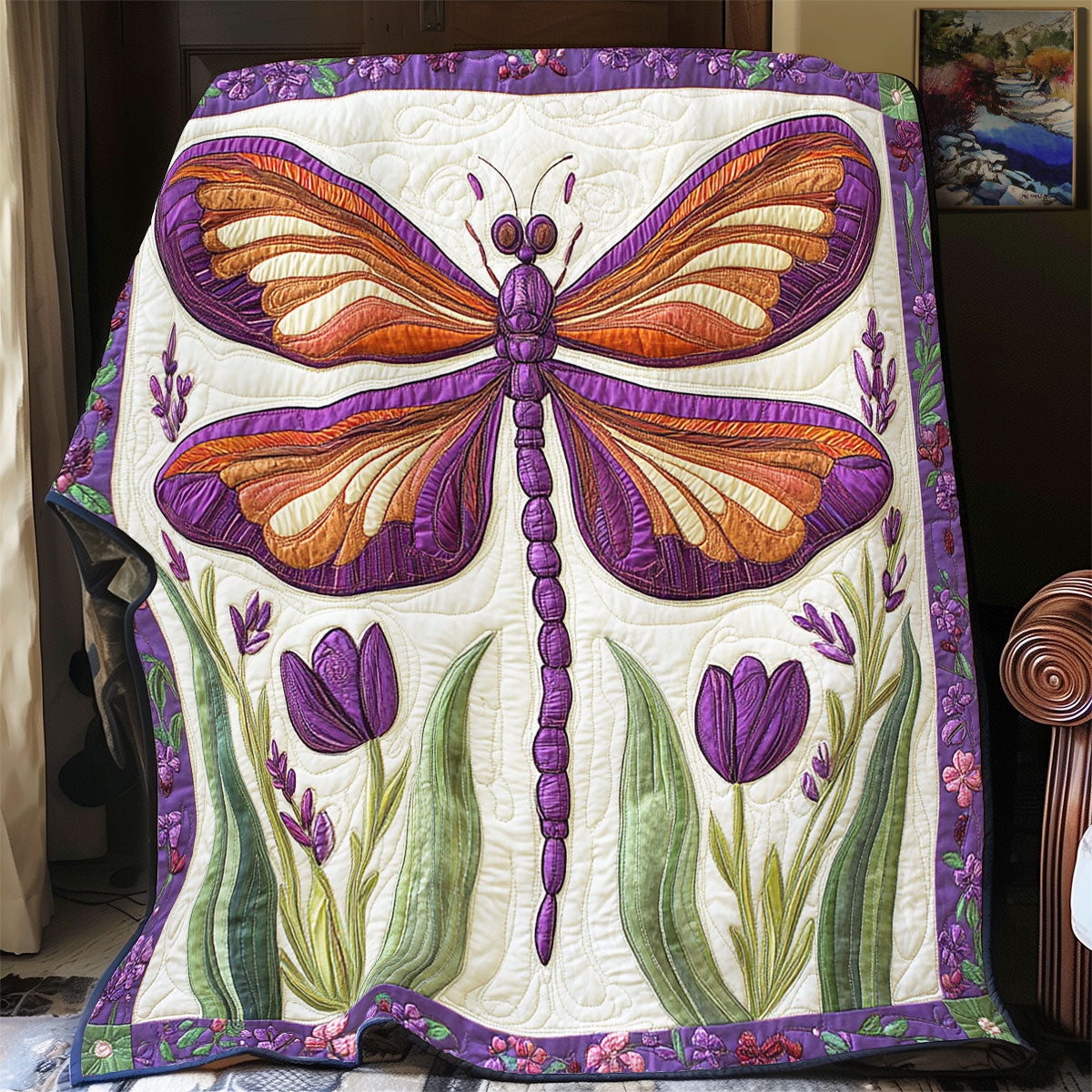 Dragonfly And Purple Tulip WY2702054CL Quilt