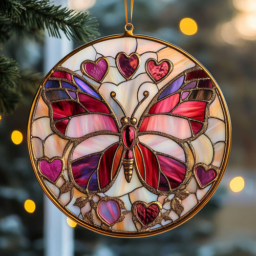 Glorious Pink Heart Butterfly WY2202152CL Suncatcher