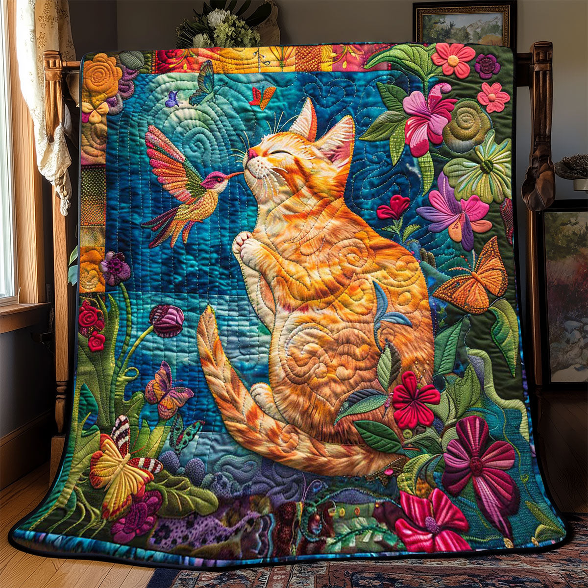 Cat Playing With Hummingbird WP2108011CL Quilt