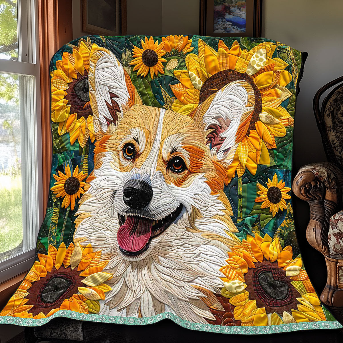 Corgi Smiling Sunflower WP2208002CL Quilt