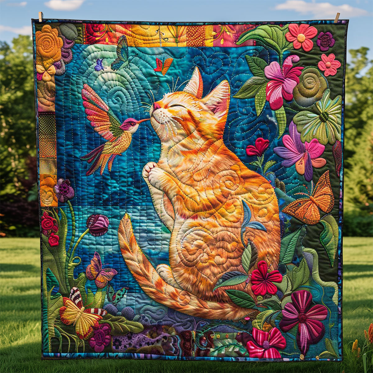 Cat Playing With Hummingbird WP2108011CL Quilt