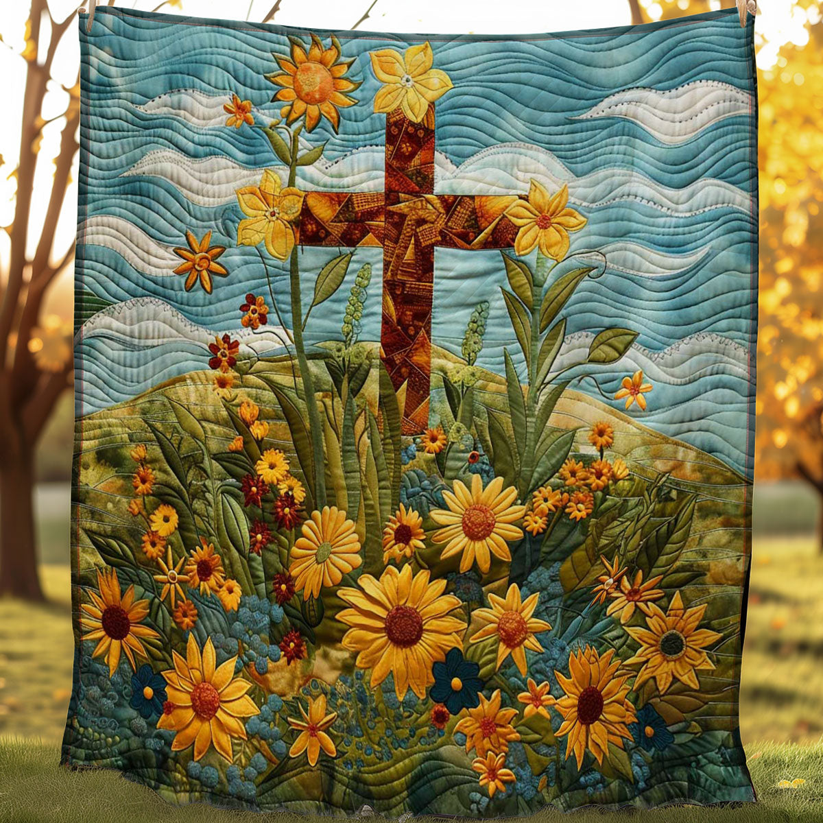 Sunflower Field Christian Cross WP3007036CL Quilt