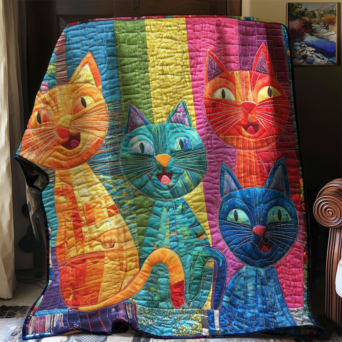 Three Whimsical Cat WP0208014CL Quilt