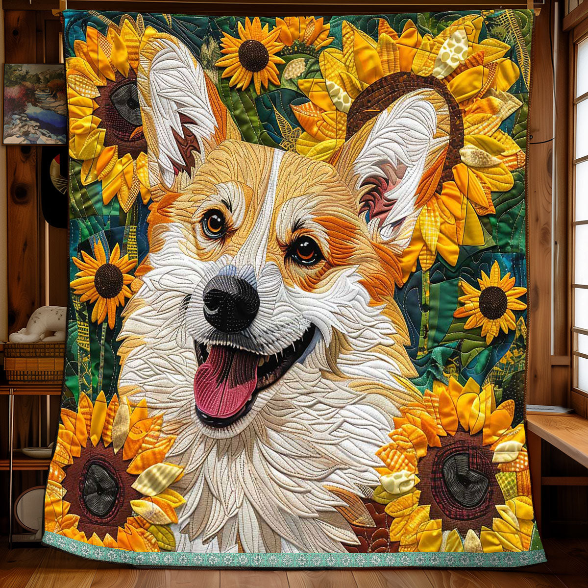 Corgi Smiling Sunflower WP2208002CL Quilt