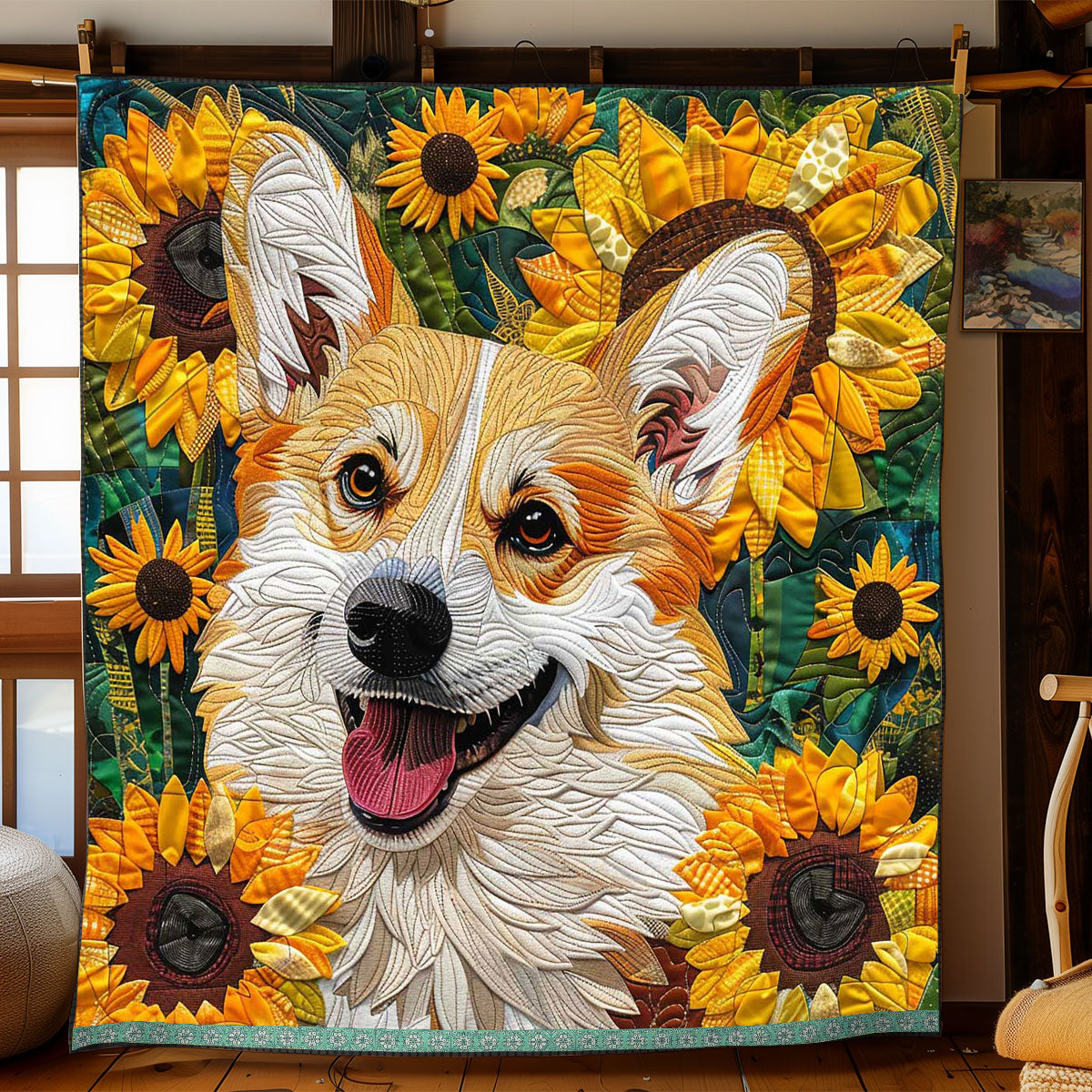 Corgi Smiling Sunflower WP2208002CL Quilt