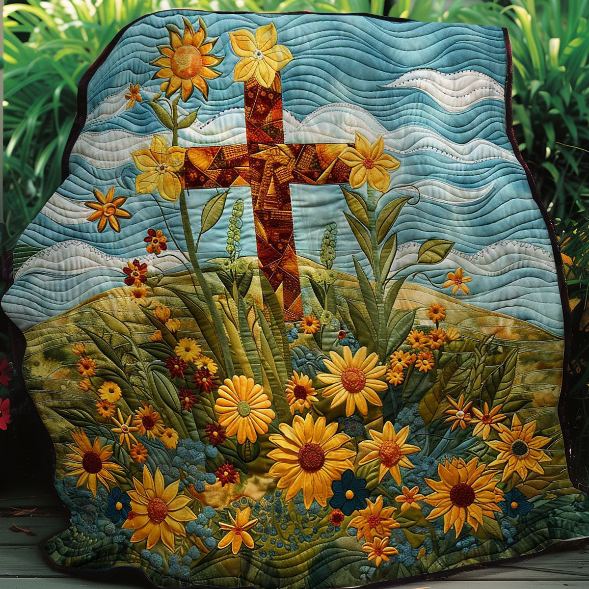 Sunflower Field Christian Cross WP3007036CL Quilt