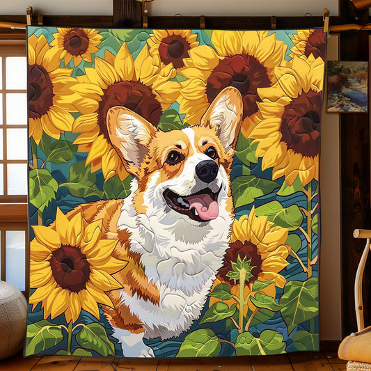 Corgi Sunflower Field Playing WP2008064CL Quilt