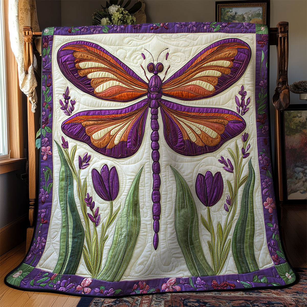 Dragonfly And Purple Tulip WY2702054CL Quilt