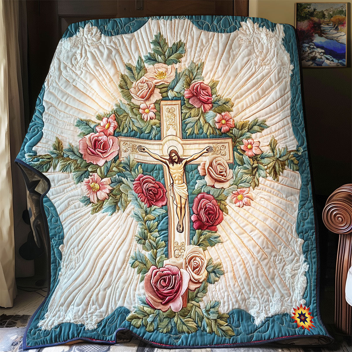 Teal Flower Cross WY1912059CL Quilt