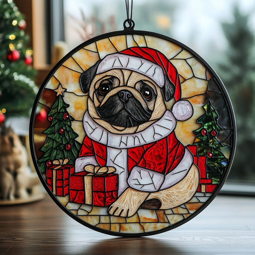 Pug Santa WU0711085CL Stained Glass Suncatcher