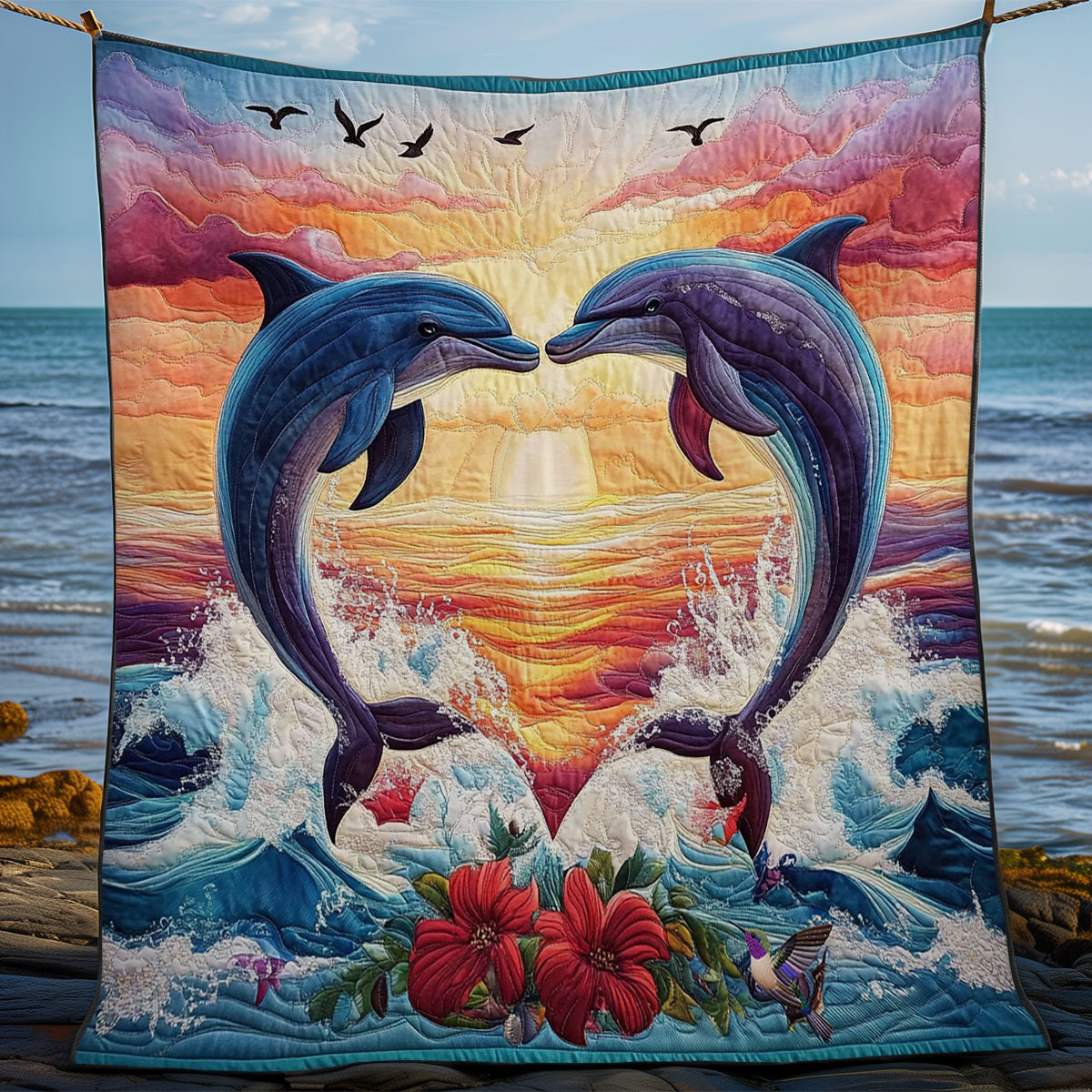 Heart Sunset Dolphin WY0712028CL Quilt