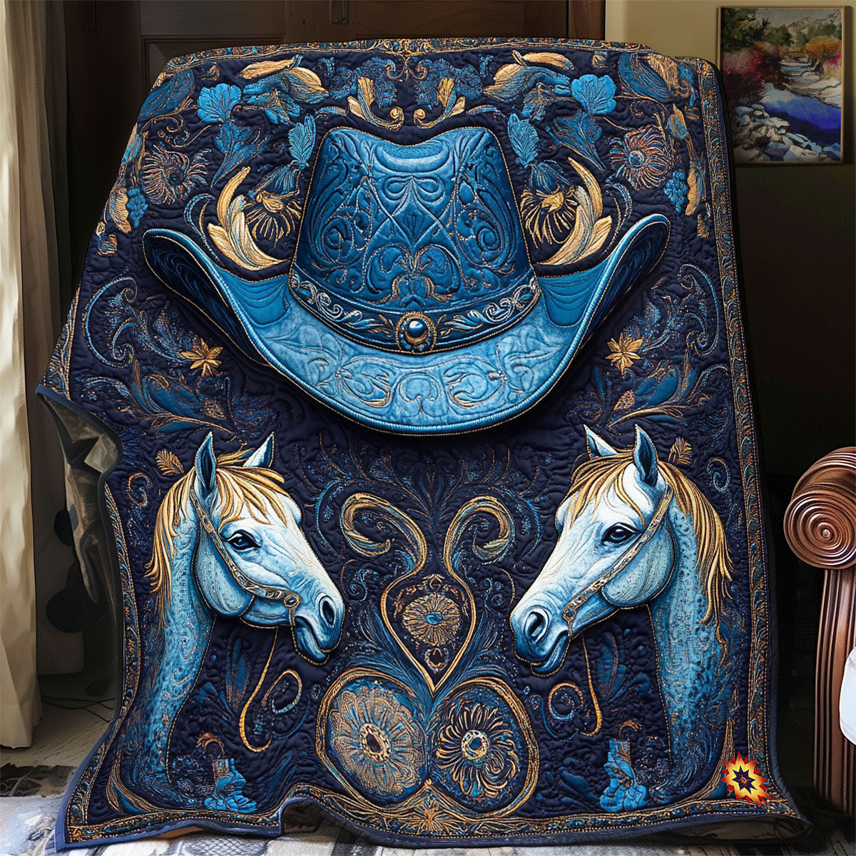 Blue Cowboy Hat Horse WY1911084CL Quilt