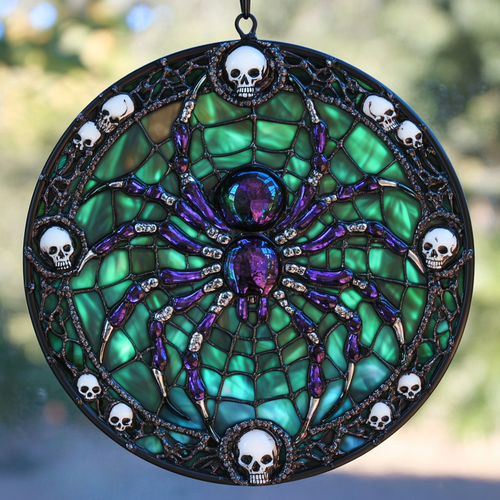 Spider And Skulls WN0611085CL Stained Glass Suncatcher