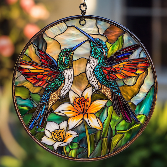 Couple Hummingbird XR0410019CL Stained Glass Suncatcher