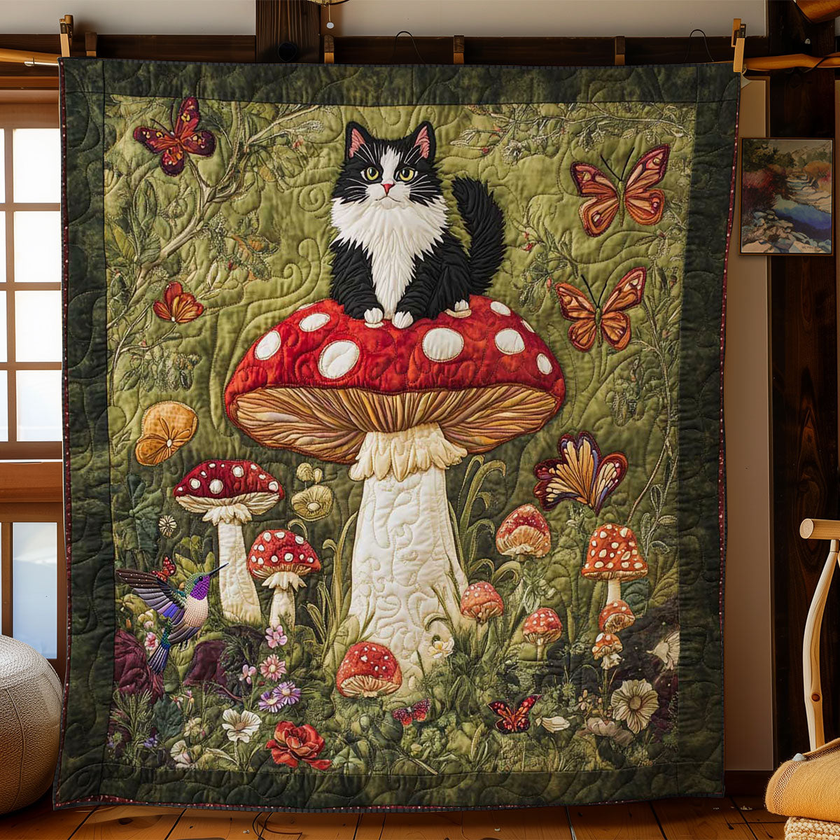 Mushroom Dreams With Tuxedo Cat WN2011121CL Quilt