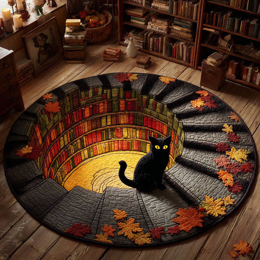 Library Cat Stairs CW0310043CL Quilted Round Mat