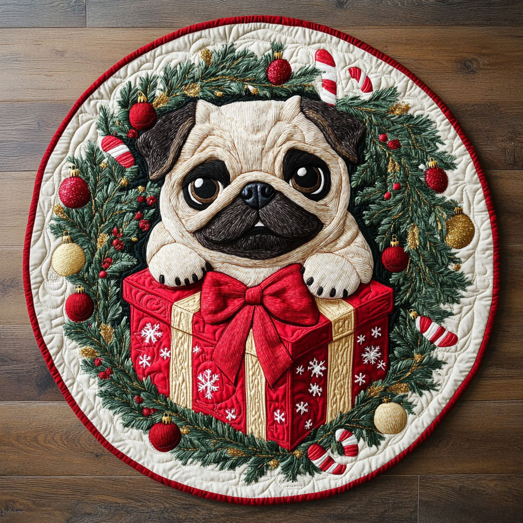 Festive Wreath Pug CW1109008CL Quilted Round Mat