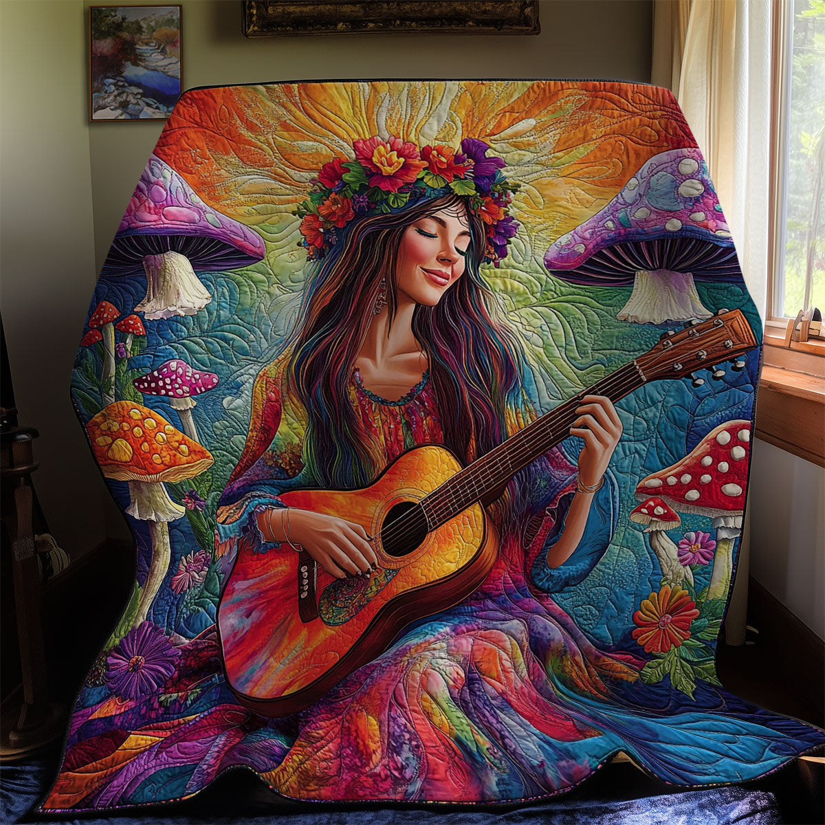 Hippie Girl Playing Guitar WY0312022CL Quilt