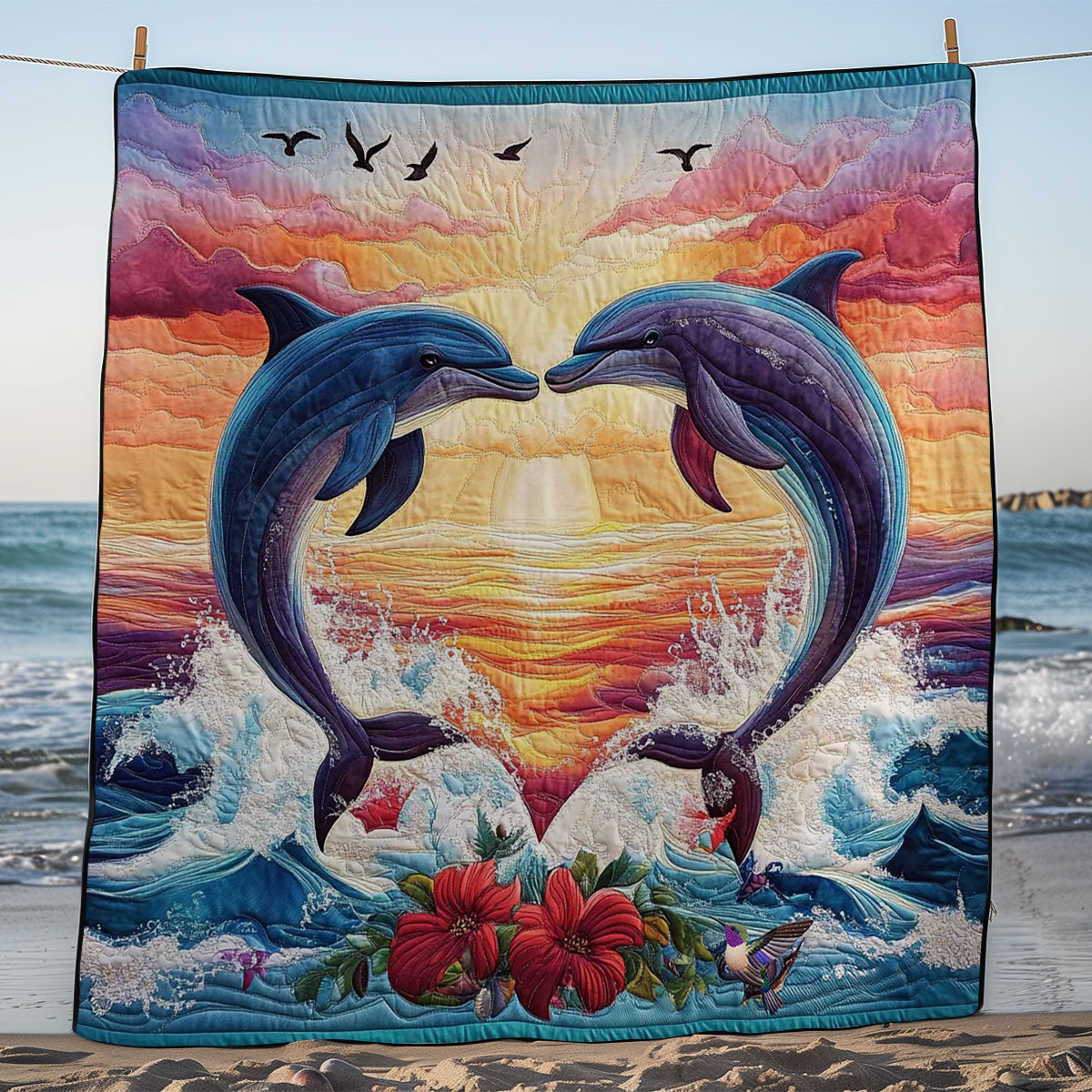 Heart Sunset Dolphin WY0712028CL Quilt