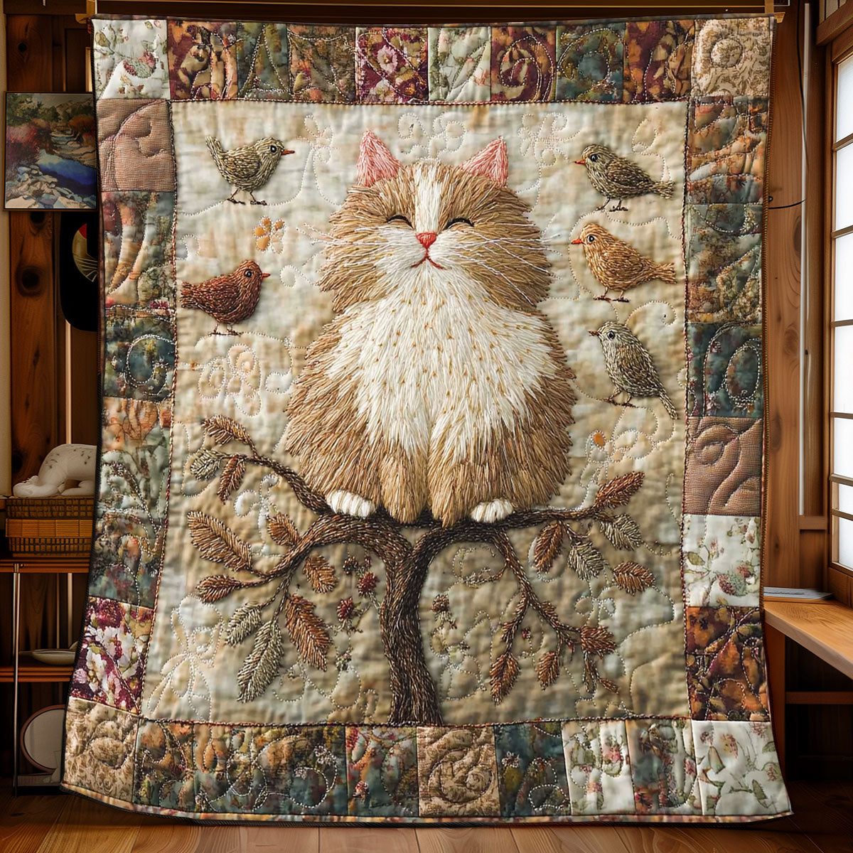Playful Cat & Birds XB2003010CL Quilt