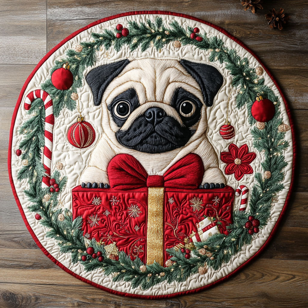 Festive Ribbon Pug CW1109007CL Quilted Round Mat