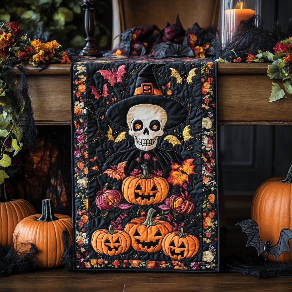 Skull Witch Pumpkin XR2309031CL Quilted Table Runner