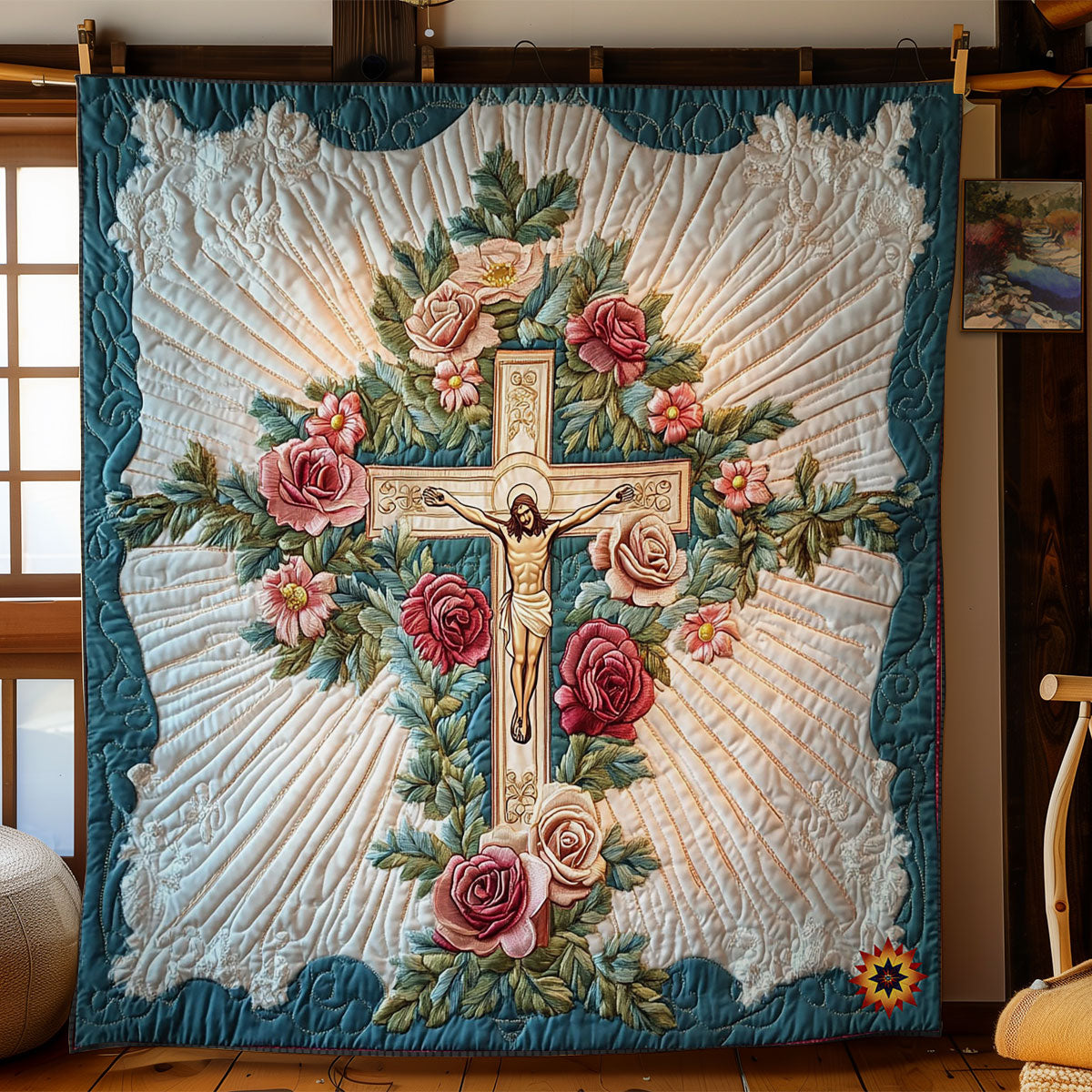 Teal Flower Cross WY1912059CL Quilt