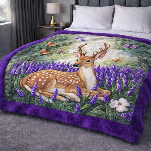 Deer In Lavender Garden QA2201007CL Faux Fur Throw Blanket