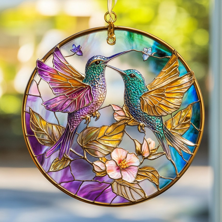 Hummingbird Purple Light WU0611092CL Stained Glass Suncatcher