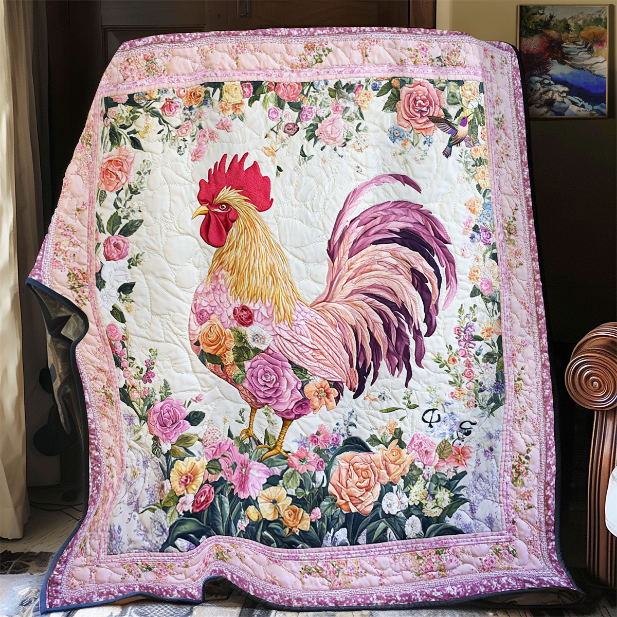 Pink Flower Chicken WY1811033CL Quilt