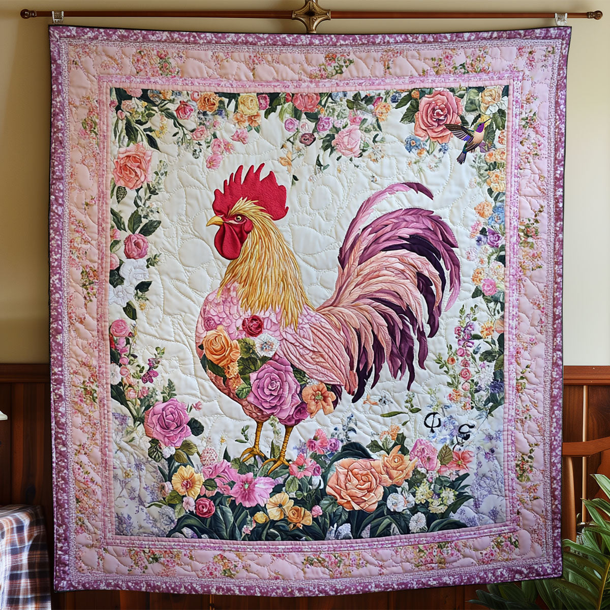 Pink Flower Chicken WY1811033CL Quilt