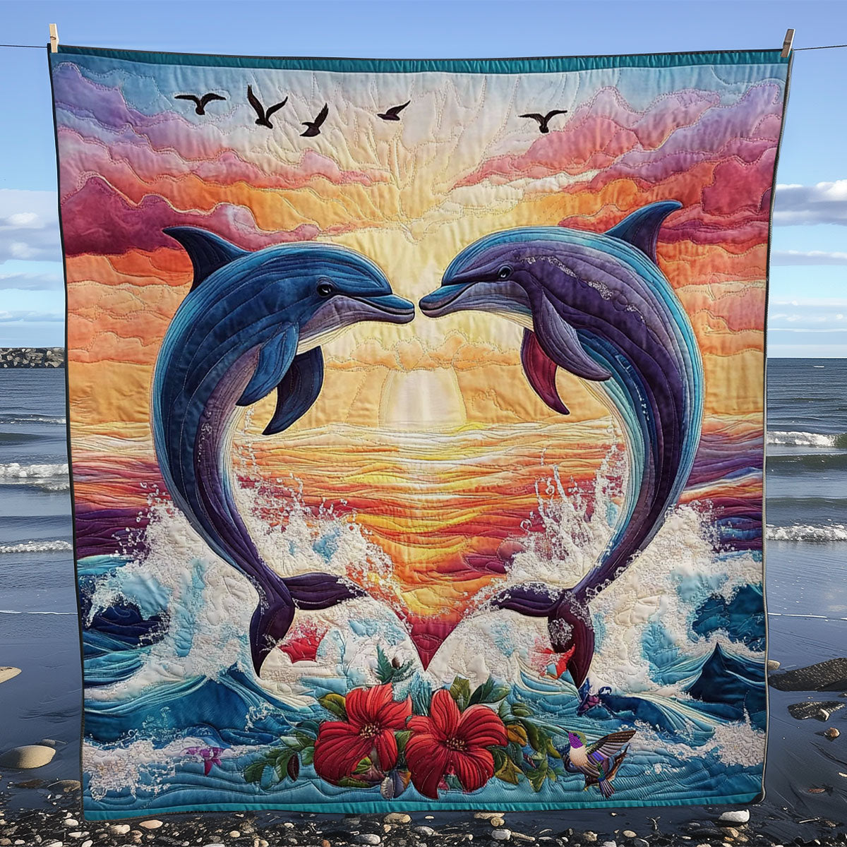 Heart Sunset Dolphin WY0712028CL Quilt