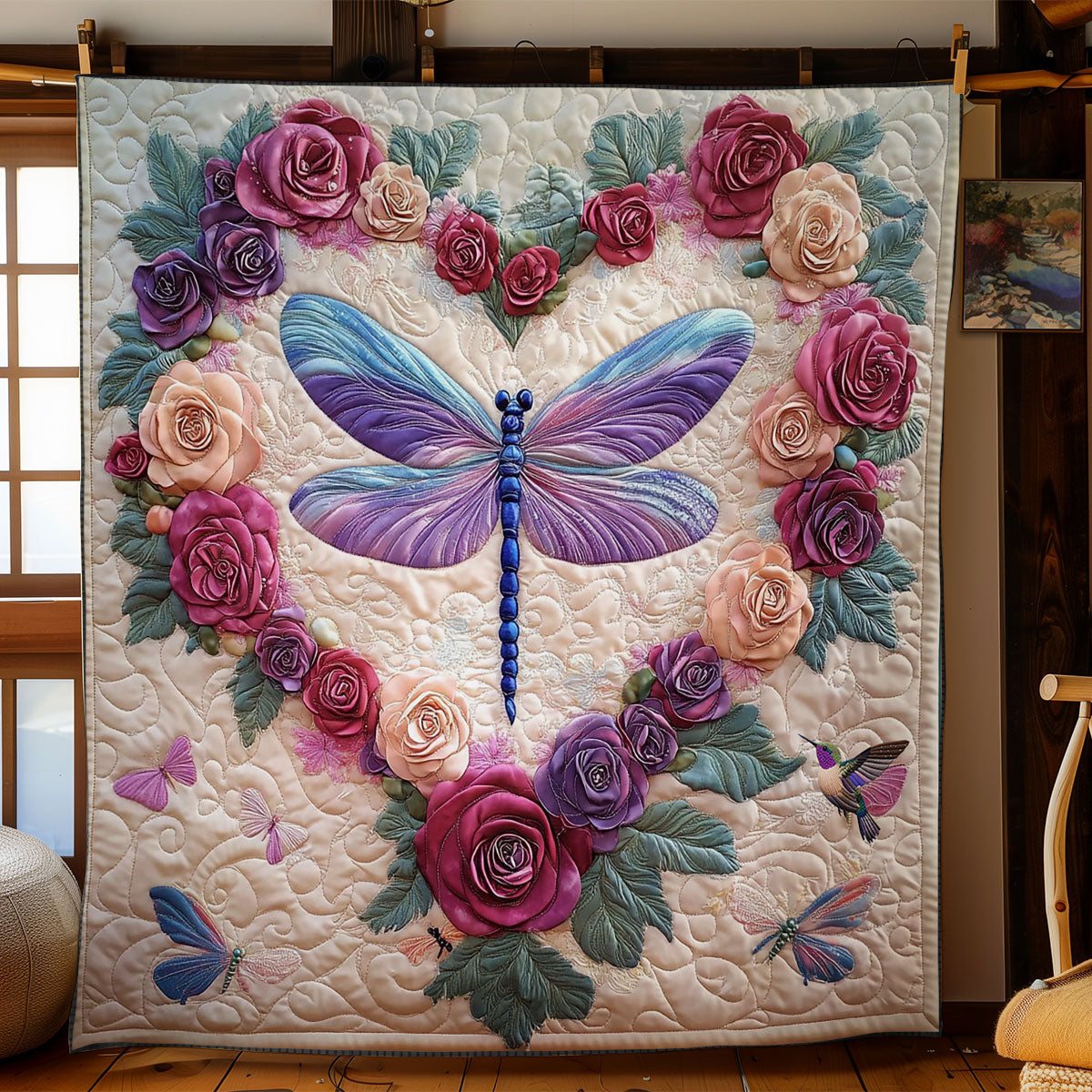 Flower Heart Wreath Dragonfly WY1112006CL Quilt