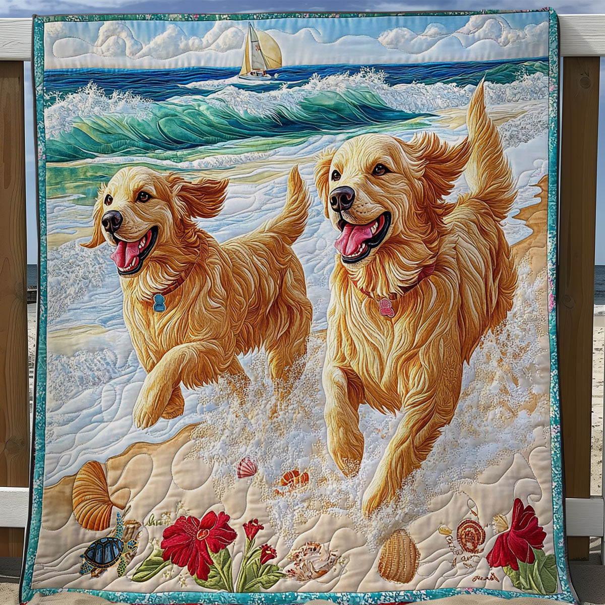 Golden Retriever Playing Beach WY0712014CL Quilt