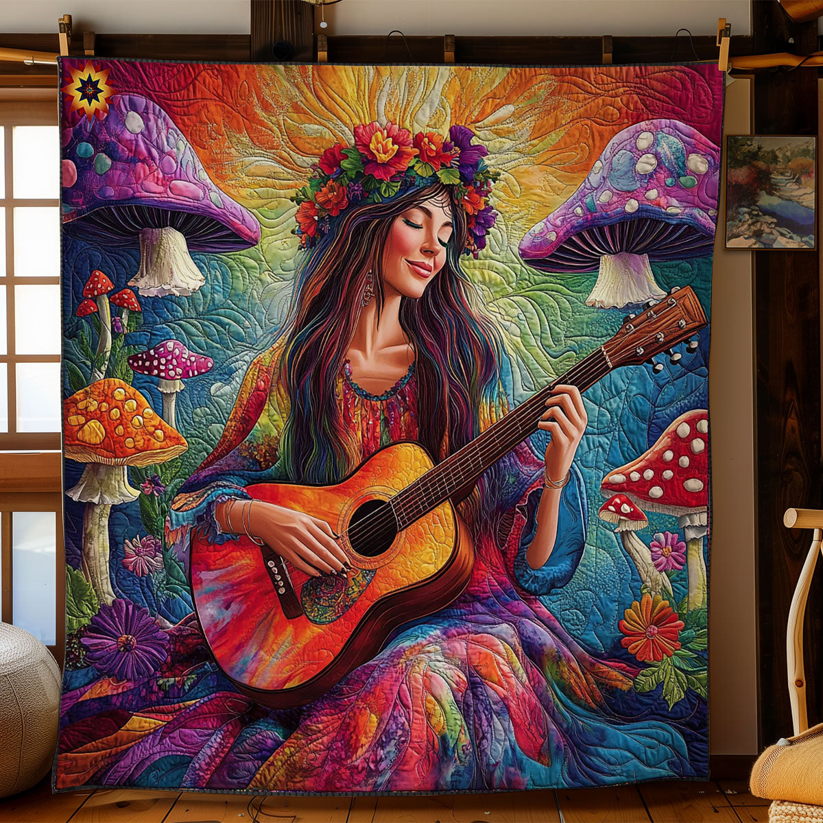Hippie Girl Playing Guitar WY0312022CL Quilt