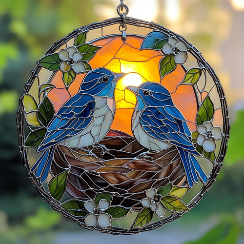 Bluebirds' Nest WN0611052CL Stained Glass Suncatcher