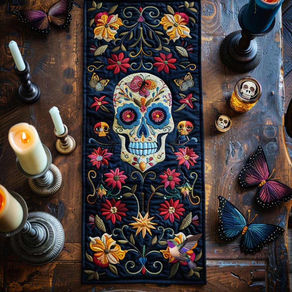 Floral Skull WN3010093CL Quilted Table Runner