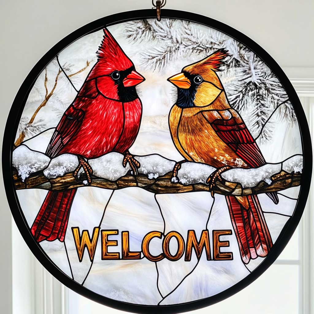 Welcome Red Cardinal WJ3009047CL Stained Glass Suncatcher