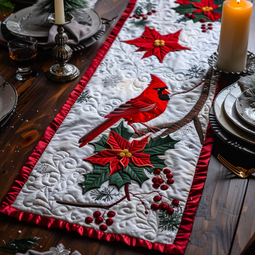 Cardinal And Red Holly Berries XR1909003CL Quilted Table Runner