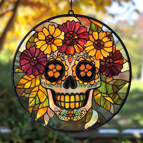 Skull Blossom WN0611066CL Stained Glass Suncatcher